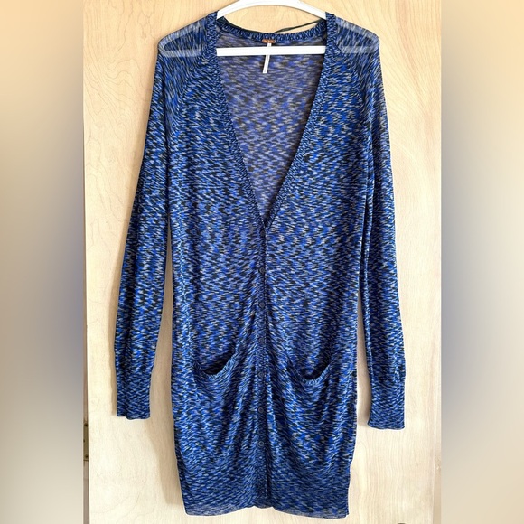 Free People Space Dye Longline Sheer V-Neck Button Cardigan Blue Gray M-L NWT - Picture 1 of 12
